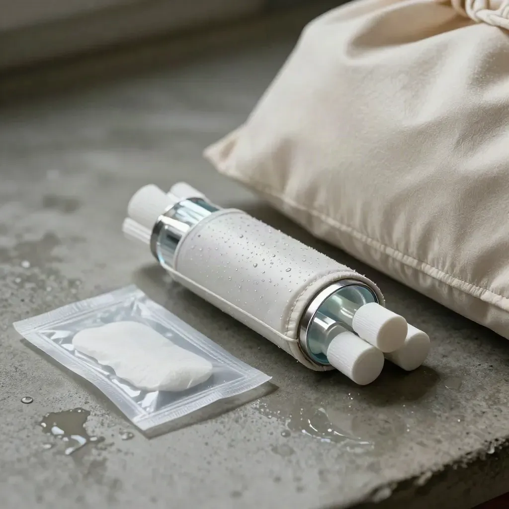 Bundle of specimen courier tubes in a padded sleeve on wet concrete under dramatic silver light.