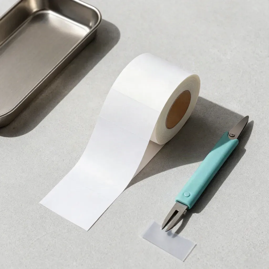 Overhead flatlay of blank adhesive dispatch labels, dispenser roll, cutter, and tray on pale concrete.