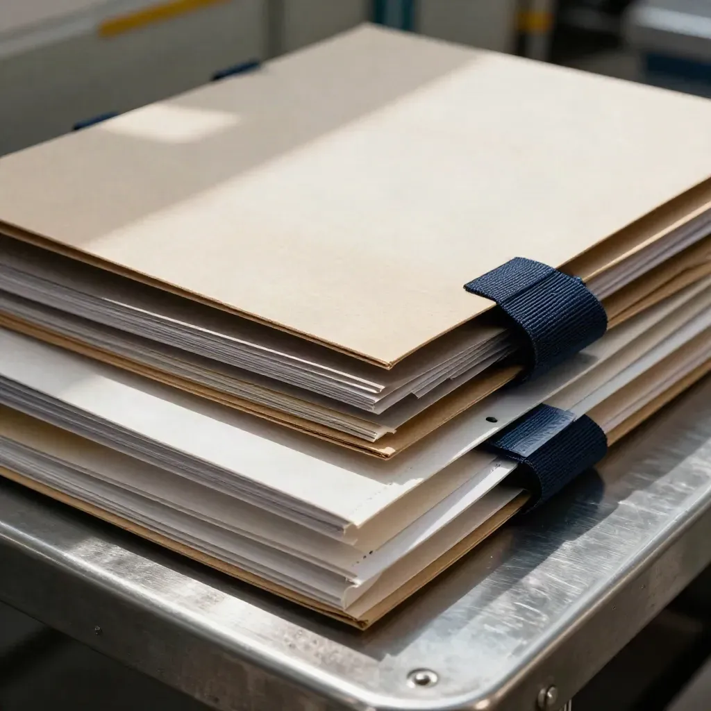Macro of dispatch folders, route bands and proof sleeves zig-zagging across a warehouse bench.