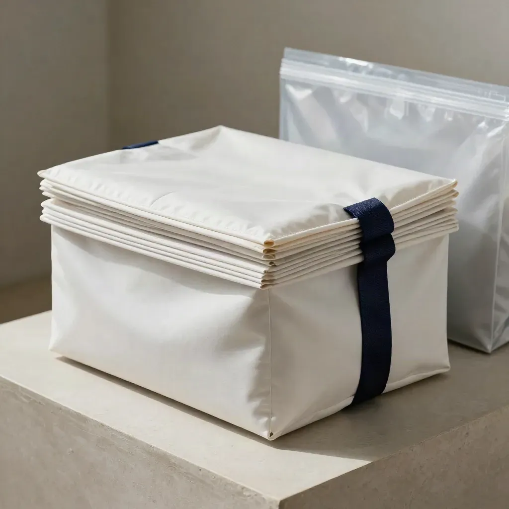 sterile stock tote with rigid lid and seals on pale plaster, with a second wrapped tote behind