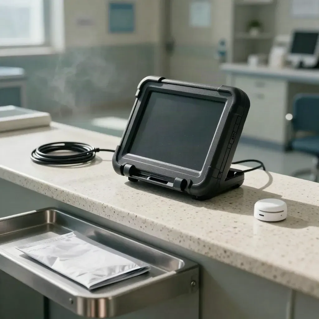 Rugged route monitor in a hospital logistics bay beside docked courier gear