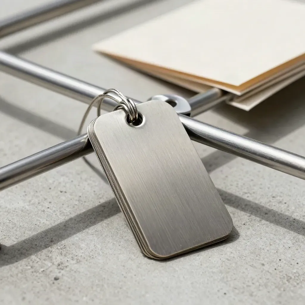 Blank magnetic ward cart tags sliding against a brushed steel rail on cool concrete.