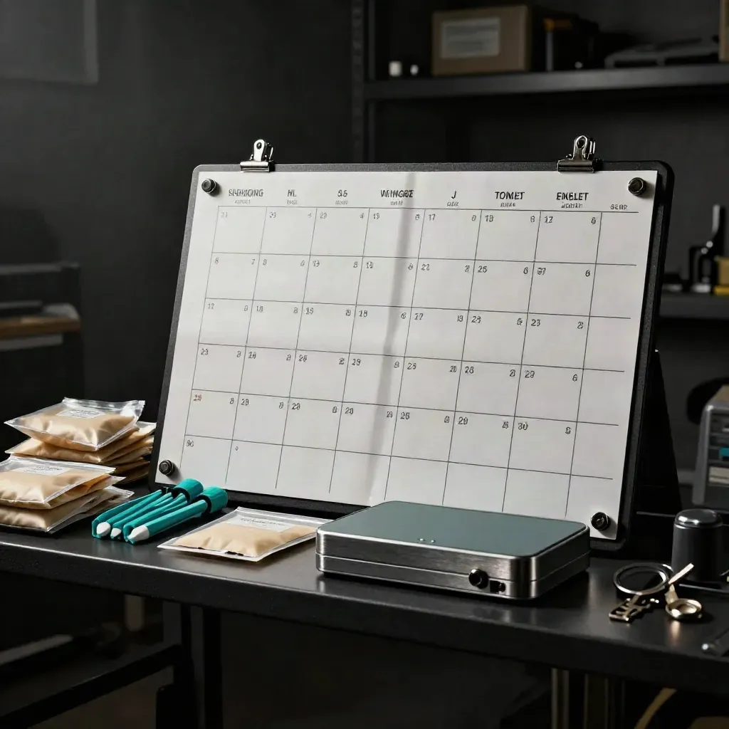 Dispatch planning kit with route tiles, markers, and sealed pouches on a dark workbench.