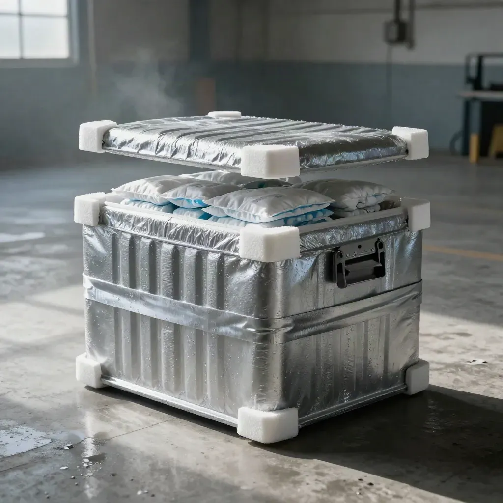 Insulated medical linehaul box hovering open on concrete, lit by cold raking light.