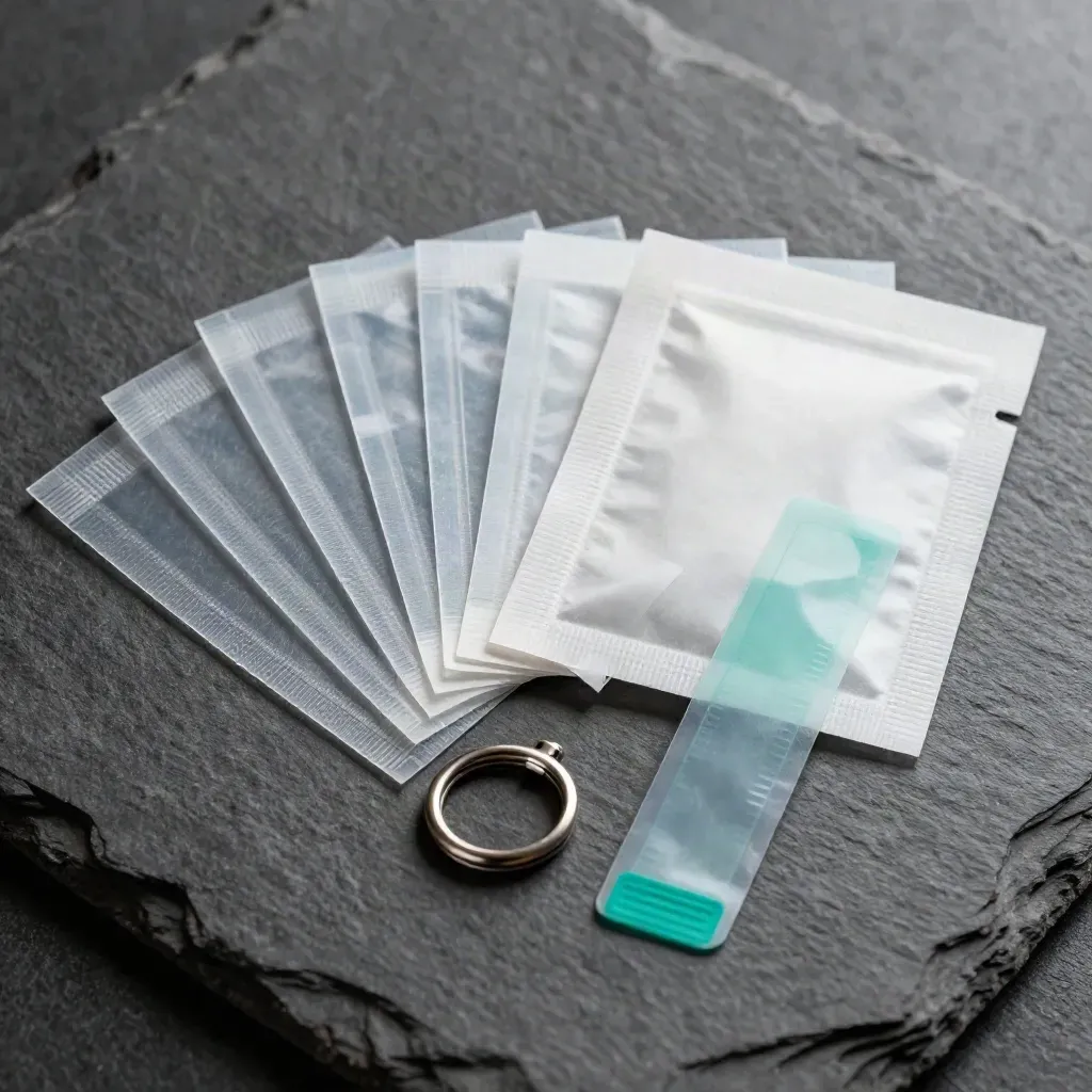 Flatlay of lab pickup seal kit parts on stone, fanned in order with a muted teal accent