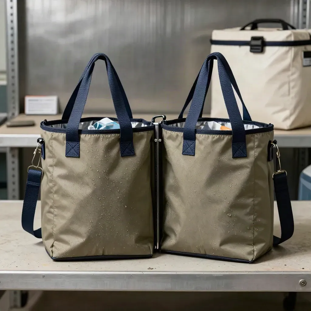 Two insulated pharmacy totes with cold inserts on a concrete shelf, softly lit and beaded with condensation.