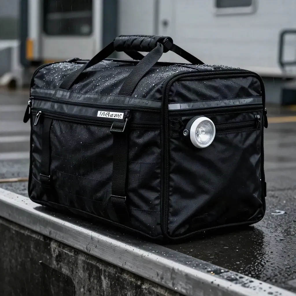 Rain-beaded courier bag with reflective piping and a clipped light beside a wet dock edge.