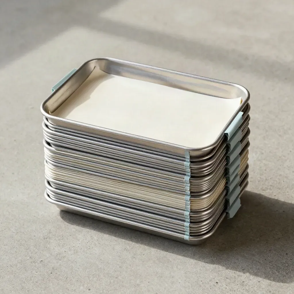 Overhead stack of sterile aluminum tray carriers with pale liner on concrete.