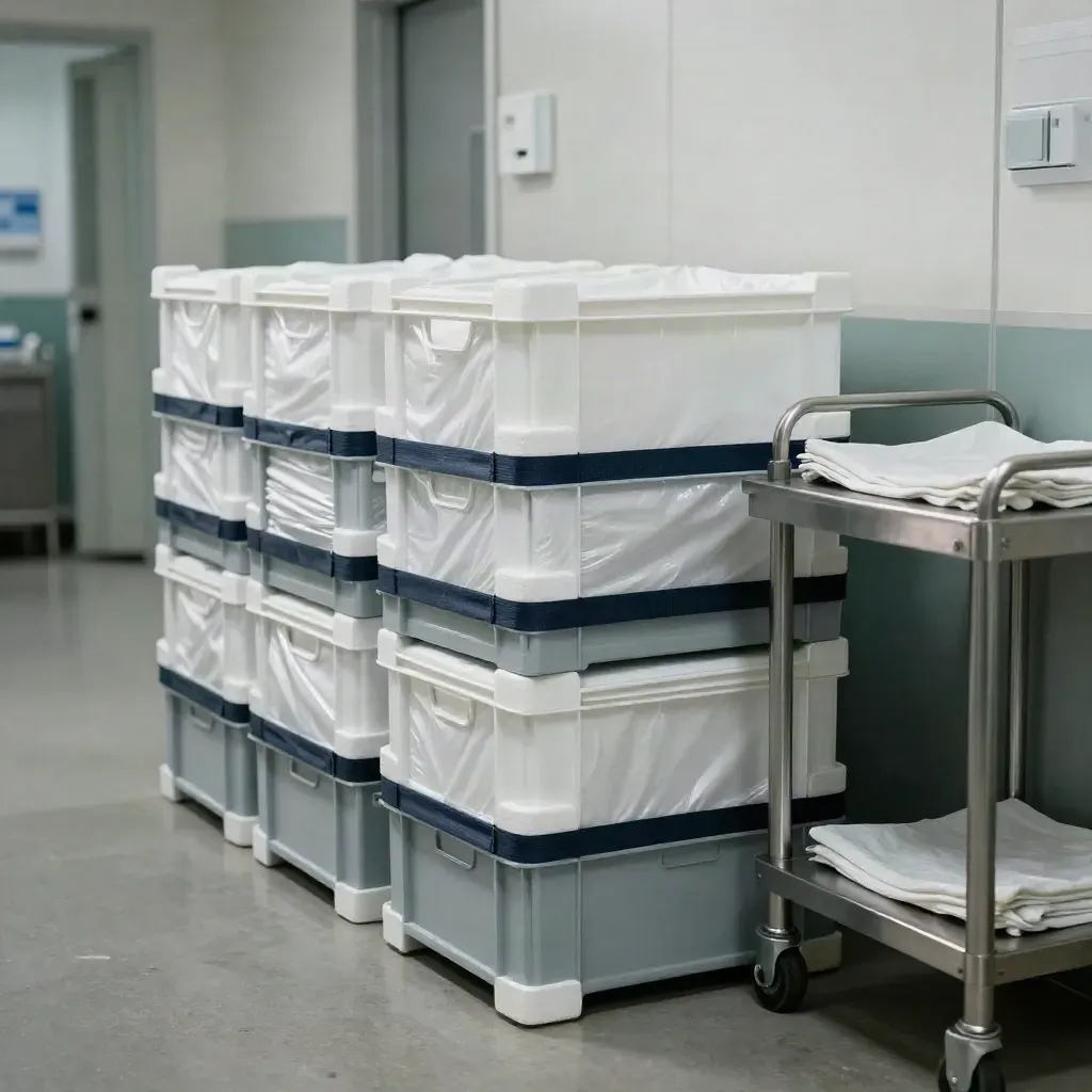 Stacked clinic supply crates in a hospital corridor, lit by soft side daylight and dust.