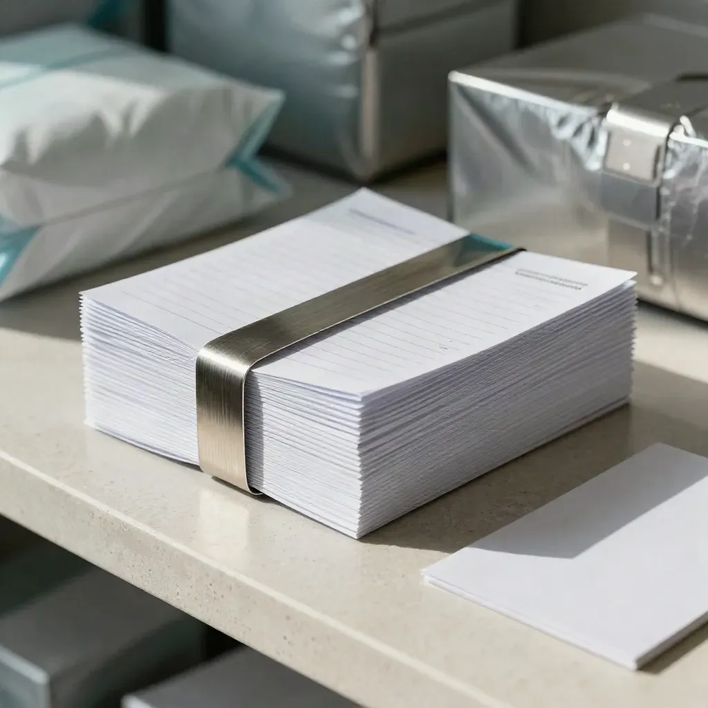 Blank temperature log sheet bundle clipped and banded on a pale stone shelf