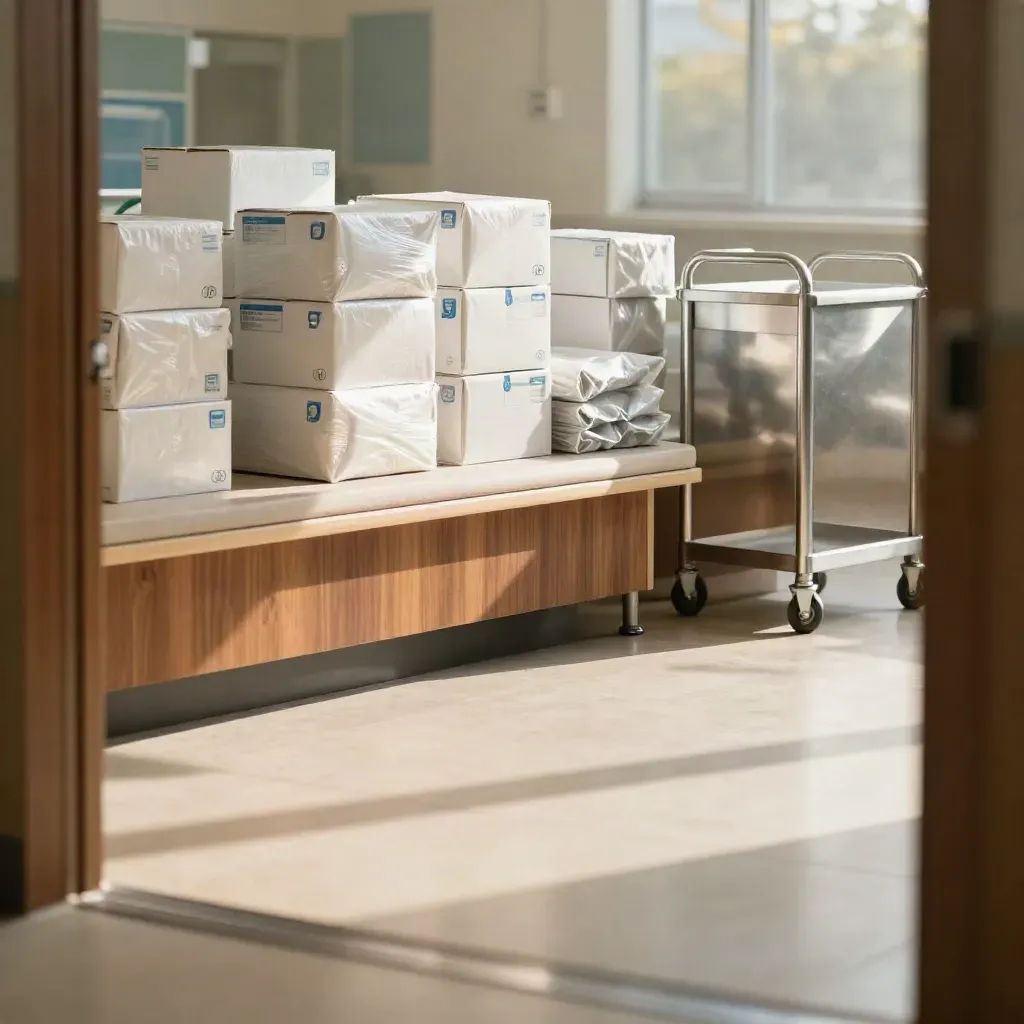 Hospital supply dock with sterile cartons on a stone threshold, morning light and calm copy space