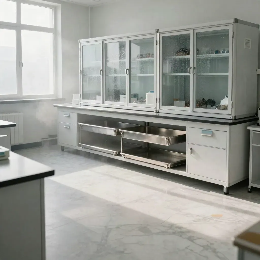 Marble lab anteroom with cold-chain specimen carriers and frosted refrigerated glass