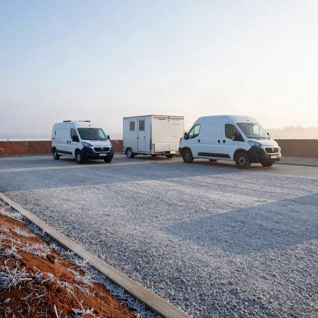 Frosted cold-storage yard with refrigerated vans in dawn fog over a quiet gravel lot.