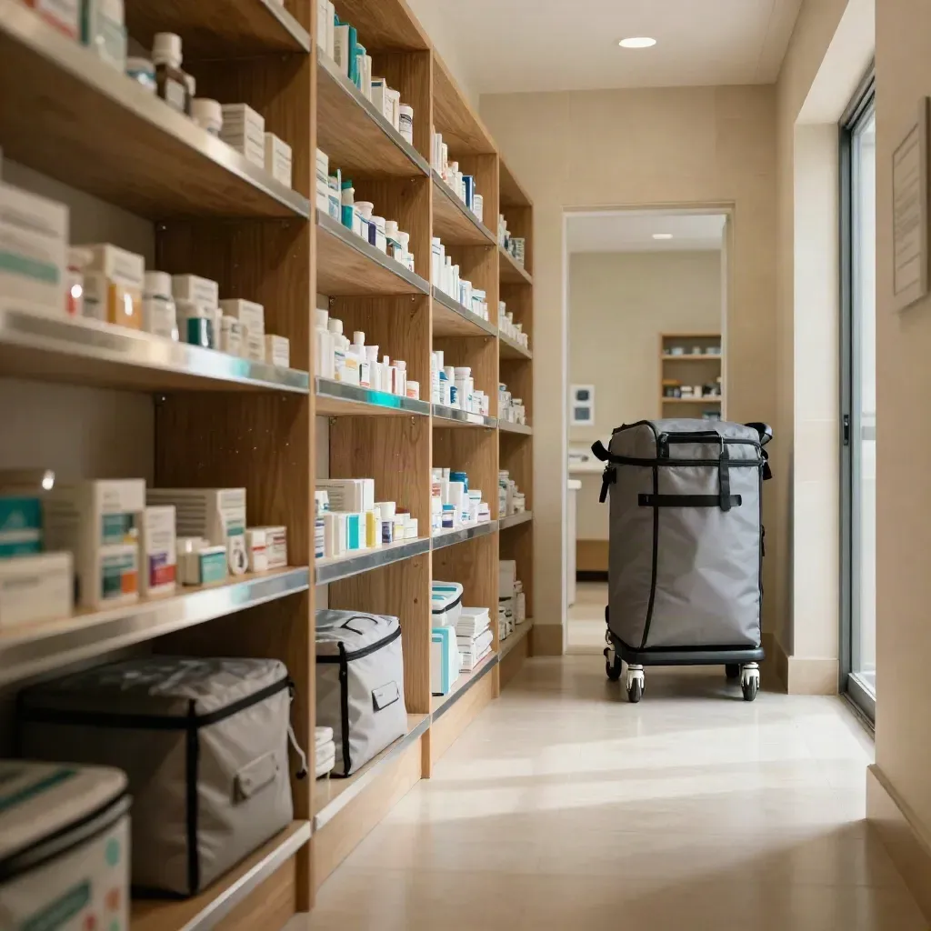 Sunlit pharmacy corridor with pale wood shelving, delivery totes, and calm floor space.